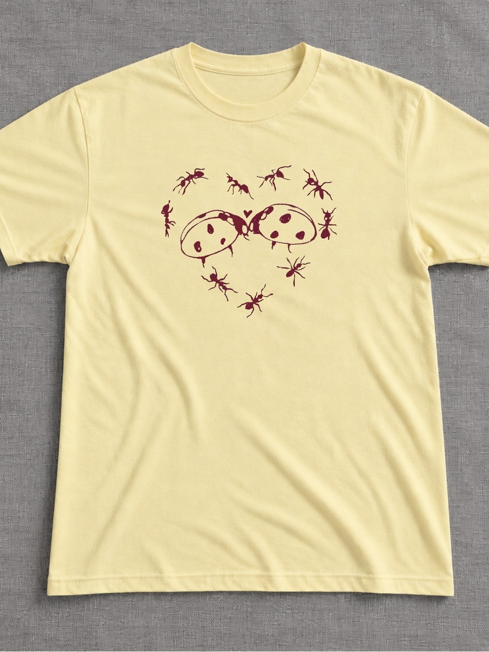 Gildan Pale Yellow Maroon Ladybug Heart Graphic Tee